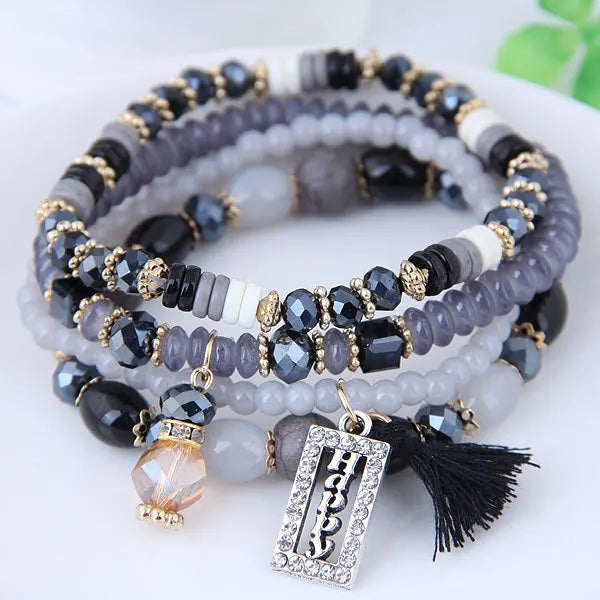 Fashion Tassel and Happy Engrave Charm Bracelet Handmade Multi Color Crystal Bracelet for Women Wholesale Set Bohemia Jewelry-4