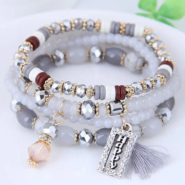 Fashion Tassel and Happy Engrave Charm Bracelet Handmade Multi Color Crystal Bracelet for Women Wholesale Set Bohemia Jewelry-1