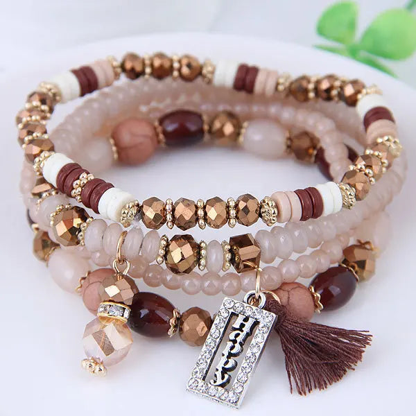 Fashion Tassel and Happy Engrave Charm Bracelet Handmade Multi Color Crystal Bracelet for Women Wholesale Set Bohemia Jewelry-0