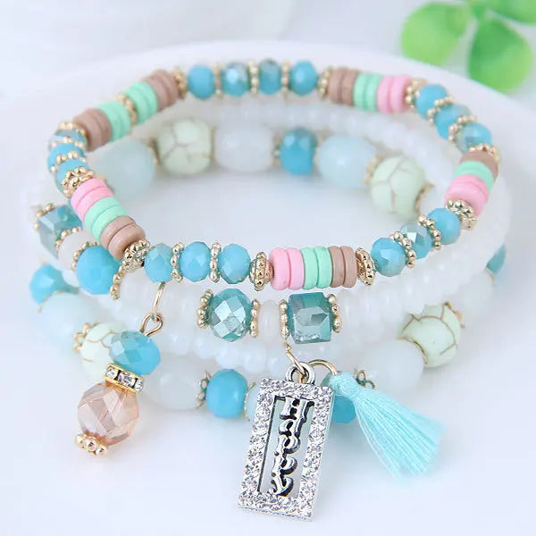 Fashion Tassel and Happy Engrave Charm Bracelet Handmade Multi Color Crystal Bracelet for Women Wholesale Set Bohemia Jewelry-11