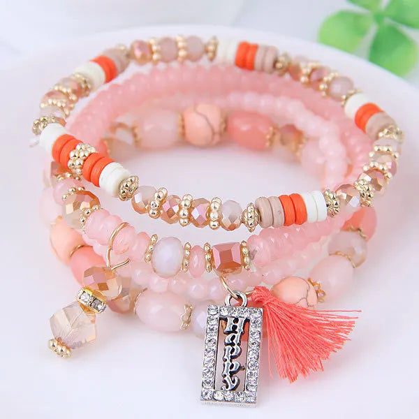 Fashion Tassel and Happy Engrave Charm Bracelet Handmade Multi Color Crystal Bracelet for Women Wholesale Set Bohemia Jewelry-3