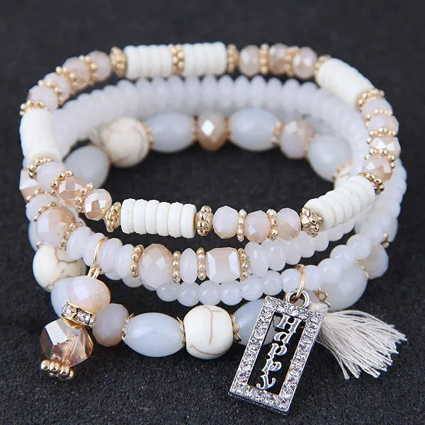 Fashion Tassel and Happy Engrave Charm Bracelet Handmade Multi Color Crystal Bracelet for Women Wholesale Set Bohemia Jewelry-2