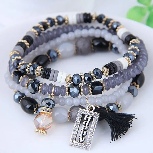 Fashion Tassel and Happy Engrave Charm Bracelet Handmade Multi Color Crystal Bracelet for Women Wholesale Set Bohemia Jewelry-10
